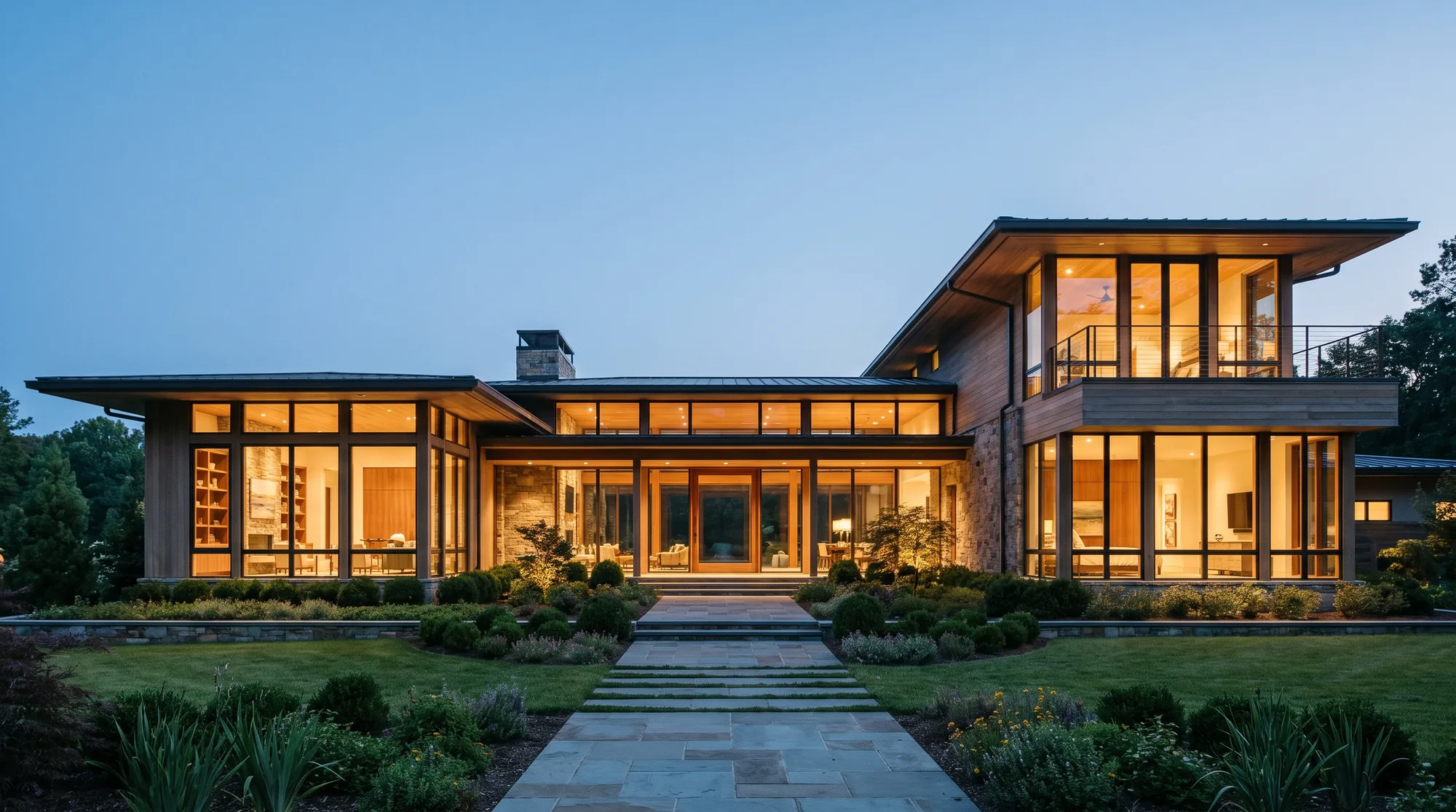 Elegant modern Carolinas home at twilight with warm interior lights
